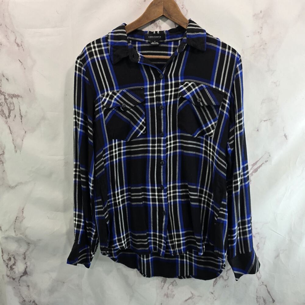 Anthropologie Shirt Womens Small Button Up Plaid Black Blue Sanctuary